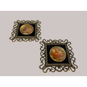 Vintage Pair Round Pictures on Porcelain & Frame Marked 24k Gold Plated Victoria